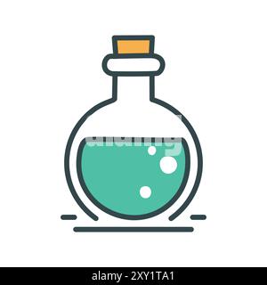 Bubbling potion in glass bottle. A whimsical illustration of a glass bottle filled with green liquid, complete with bubbles, hinting at magical potion Stock Vector