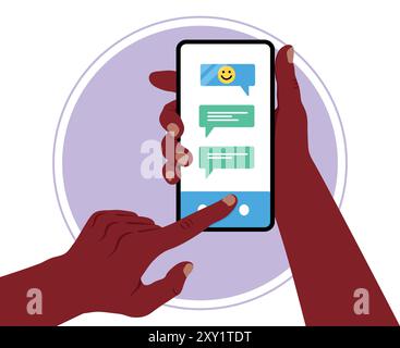 African American man holding a smartphone and sending text message. Phone in hands. Vector illustration Stock Vector
