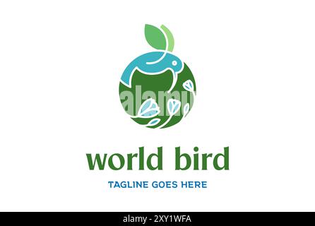 Simple Minimalist World Globe Earth Planet with Hummingbird and Leaf Flower for Environment Logo Design Vector Stock Vector
