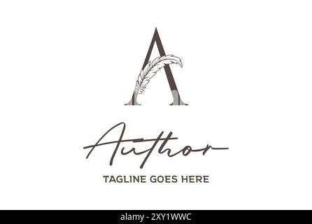 Initial Letter A with Quill Feather Pen for Author Signature Handwriting Logo Design Vector Stock Vector