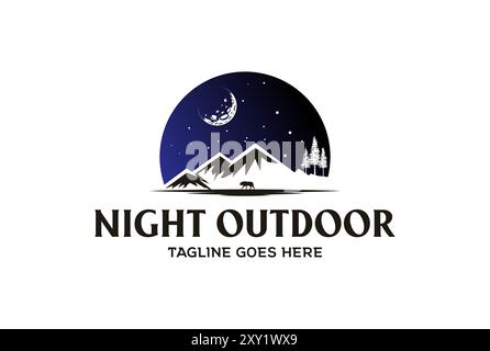 Night Mountain Pine Cedar Spruce Fir Trees with Wolf for Wilderness Adventure Logo Design Vector Stock Vector