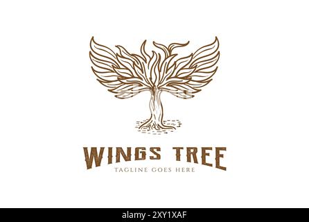 Vintage Retro Old Rustic Wings Tree for Tattoo Logo Design Vector Stock Vector