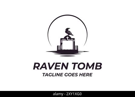Horror Scary Sunset or Dark Moon Crow Raven Bird with Tomb Cemetery Grave Charnel Ossuary for Halloween Logo Design Vector Stock Vector