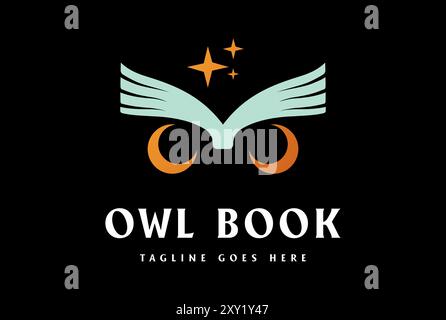 Simple Minimalist Crescent Star Owl Bird Face Head with Book for Education Logo Design Vector Stock Vector