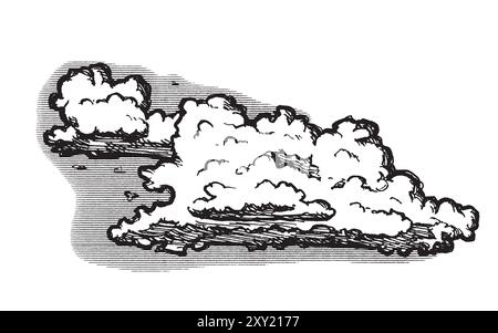 Clouds in hand drawn vintage retro style isolated on white background. Cartoon design elements. Landscape elements in sketch style. Vector. Stock Vector