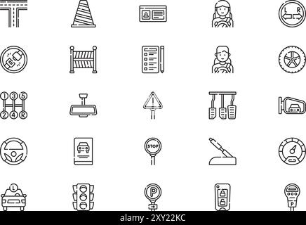 Driving school icons collection is a vector illustration with editable stroke. Stock Vector