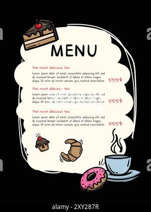 Simple menu template. Vector illustration of cake, brownie, donut, croissant, coffee cup. Design for a restaurant, cafe Stock Vector