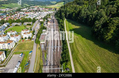 Eglisau, Switzerland, 20th Jul 2024: Bird's-eye view of the Eglisau train station in the northern part of the canton of Zurich. (Photo by Andreas Haas Stock Photo