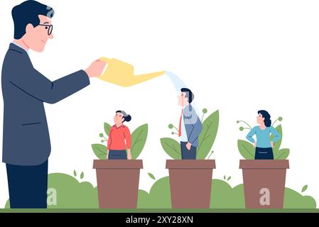 Mentoring concept. Male boss growing workers, professionals. Business man watering employees in plant pots. Leadership recent vector metaphor Stock Vector