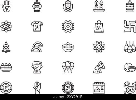 Holi festival icons collection is a vector illustration with editable stroke. Stock Vector