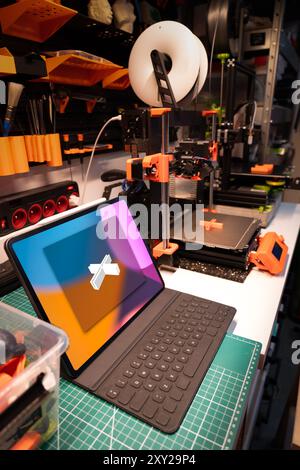 3D print project lab. Home studio. Computer screen with stl object. Stock Photo