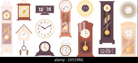 Different cartoon clocks. Retro style mechanical watches, modern digital electric clock. Vintage time measuring elements, racy vector clipart Stock Vector