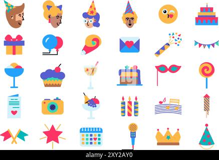 Set of birthday party colored icons. Flat of holiday food, decorations, surprises and invited guests. Color solid icon kit isolated on white backgroun Stock Vector