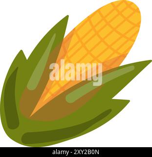 Ripe cob of sweet corn in green leaves. Autumn harvest, preparing food for winter. Simple color cozy illustration. Hand drawn cartoon vector isolated Stock Vector