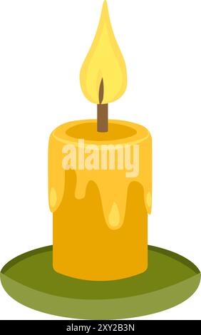 Burning wax candle on saucer stand. Symbol of upcoming holiday. Simple color cozy illustration. Hand drawn cartoon vector isolated on white background Stock Vector