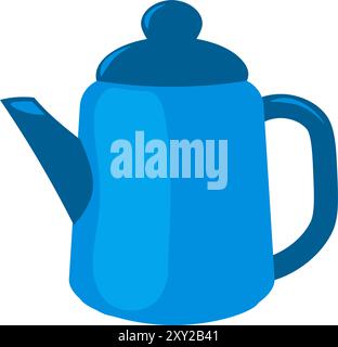 Blue ceramic teapot with lid and handle. Handmade tableware for tea drinking. Simple color cozy illustration. Hand drawn cartoon vector isolated on wh Stock Vector