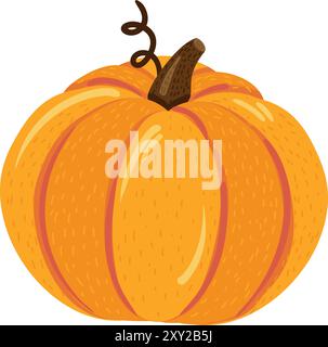 Round ripe orange pumpkin. Autumn fruit, symbol of harvest. Simple color cozy illustration. Hand drawn cartoon vector isolated on white background Stock Vector