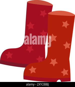 Red rubber children boots decorated with star pattern. Protective autumn shoes. Simple color cozy illustration. Hand drawn cartoon vector isolated on Stock Vector