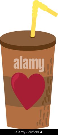 Coffee to go. Cardboard glass with lid and straw decorated with heart ornament. Simple color cozy illustration. Hand drawn cartoon vector isolated on Stock Vector
