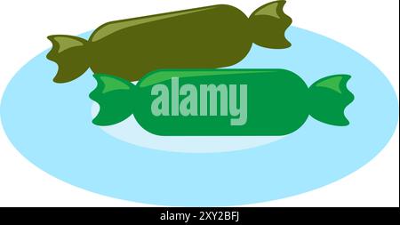 Caramel candies in wrapper lie on plate. Treat sweet delicious dessert. Simple color cozy illustration. Hand drawn cartoon vector isolated on white ba Stock Vector