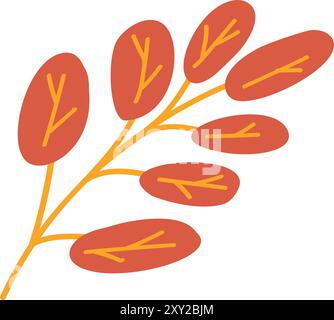 Dry herbarium rowan leaf. Thin branch covered with small red leaves. Simple color cozy illustration. Hand drawn cartoon vector isolated on white backg Stock Vector