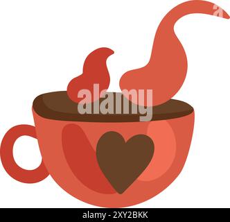 Red coffee cup with heart ornate. Steam over mug of hot drink. Simple color cozy illustration. Hand drawn cartoon vector isolated on white background Stock Vector