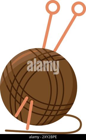 Round ball of wool yarn and knitting needles. Accessories and materials for needlework. Simple color cozy illustration. Hand drawn cartoon vector isol Stock Vector