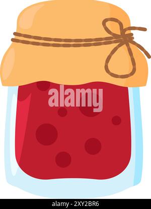 Glass jar of homemade jam closed with lid and canvas cloth. Home food canning. Simple color cozy illustration. Hand drawn cartoon vector isolated on w Stock Vector