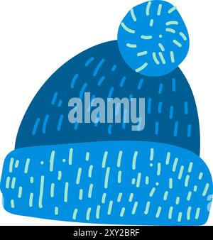 Knitted blue hat with pompom. Handmade warm winter clothes. Simple color cozy illustration. Hand drawn cartoon vector isolated on white background Stock Vector