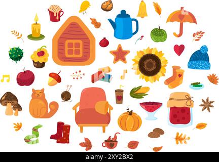 Large kit of leaves, flowers, seasonal food, clothes and objects. Cozy collection of autumn elements in red orange colors. Set of multicolored icons a Stock Vector