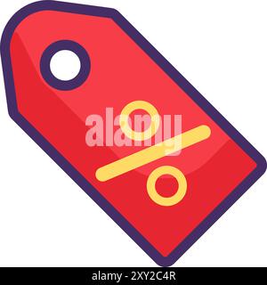 Rectangular badge with percent sign. Red discount coupon, shopping process flat element for modern and retro design. Simple color vector pictogram iso Stock Vector
