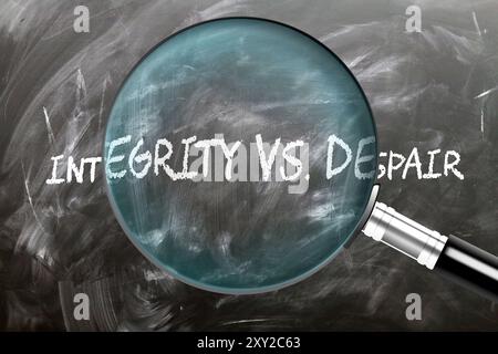 Integrity Vs. Despair - learn, study and inspect it. Taking a closer look at integrity vs. despair. A magnifying glass enlarging word 'integrity vs. d Stock Photo