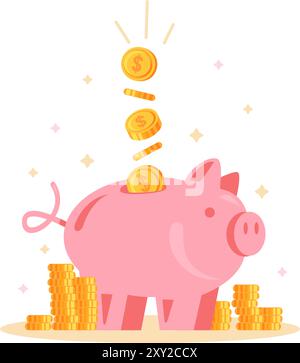 Gold coins fill piggy bank. Monthly savings of salary money for expensive purchase. Planning and analysis of budget of financial operations. Cartoon o Stock Vector