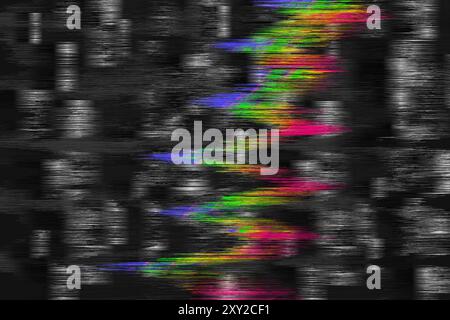 The minimalist vector black background with a striking horizontal streak of noisy, white lines and a neon colorful zigzag. Distressed texture, a touch Stock Vector