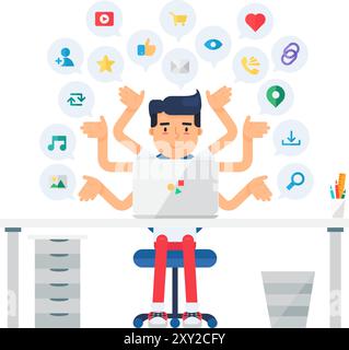 Freelance worker analyzes social networks and media content. Workplace of office employee at table. Simple cartoon vector concept illustration isolate Stock Vector