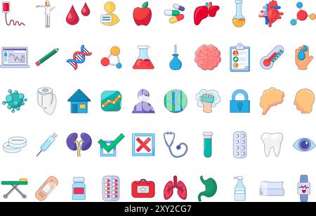 Large kit of medical devices, equipment and items. Collection of scientific, pharmaceutical and laboratory icons in blue green colors. Set of multicol Stock Vector