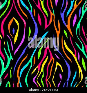 Abstract vector seamless pattern of majestic zebra's skin. Stunning details, with intricate stripes and shading of bright neon colors on a black backg Stock Vector