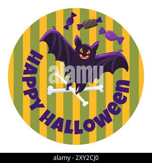 Festive round sticker with flying vampire bat with crossed bones in paws, sweets and Happy Halloween inscription. Holiday festive badge emblem. Color Stock Vector