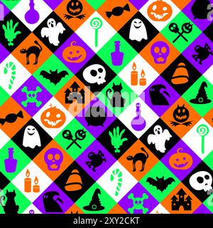 Neon Halloween rhombus seamless pattern with skeletons, ghosts, creepy skull, laughing pumpkin, vampire castle with bats. Ornate for printing on fabri Stock Vector