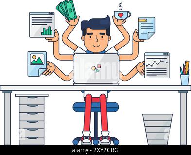 Busy office worker performs several tasks at same time. Workplace of office employee at table. Simple cartoon vector concept illustration isolated on Stock Vector
