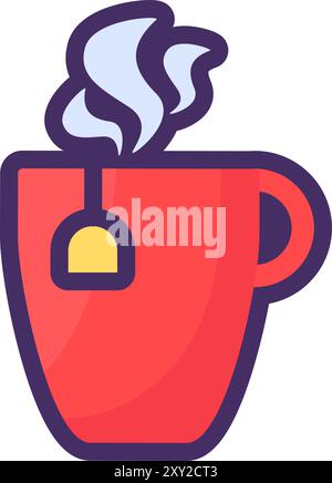 Ceramic hot tea mug. Invigorating warm drink, shopping process flat element for modern and retro design. Simple color vector pictogram isolated on whi Stock Vector