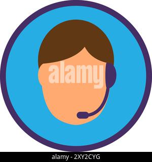 Hotline employee in headphones with microphone. Information sticker, shopping process flat element for modern and retro design. Simple color vector pi Stock Vector