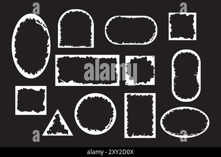 Large kit of round, square and oval torn paper frames. Collection of borders for photos and certificates. Set of black and white grunge frames isolate Stock Vector