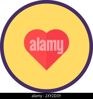Round product approval sticker. Red heart in yellow circle, shopping process flat element for modern and retro design. Simple color vector pictogram i Stock Vector