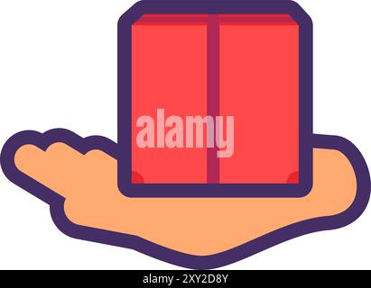 Red holiday box on human palm. Express delivery, shopping process flat element for modern and retro design. Simple color vector pictogram isolated on Stock Vector