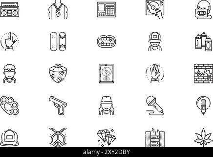 Hip hop icon pack collection is a vector illustration with editable stroke. Stock Vector
