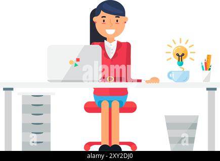 Girl office worker at workplace doing daily work. Workplace of office employee at table. Simple cartoon vector concept illustration isolated on white Stock Vector