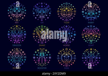 Collection of zodiac signs created in linear style.Chinese horoscope. Stock Vector