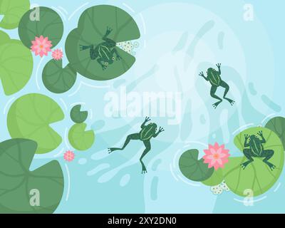 Frog in pond background. Cartoon frogs lake or swamp toad nature water faune, amphibian animals wildlife aquatic landscape, comic froglet sitting on lily swanky vector illustration original artwork Stock Vector