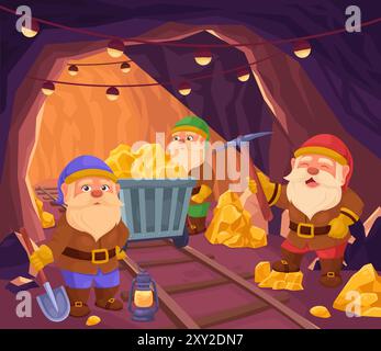 Dwarfs mine. Dwarf miners mining gold, railway underground tunnel mountain cave discover, cartoon dwarves fantasy workers characters digging treasure ingenious vector illustration original artwork Stock Vector
